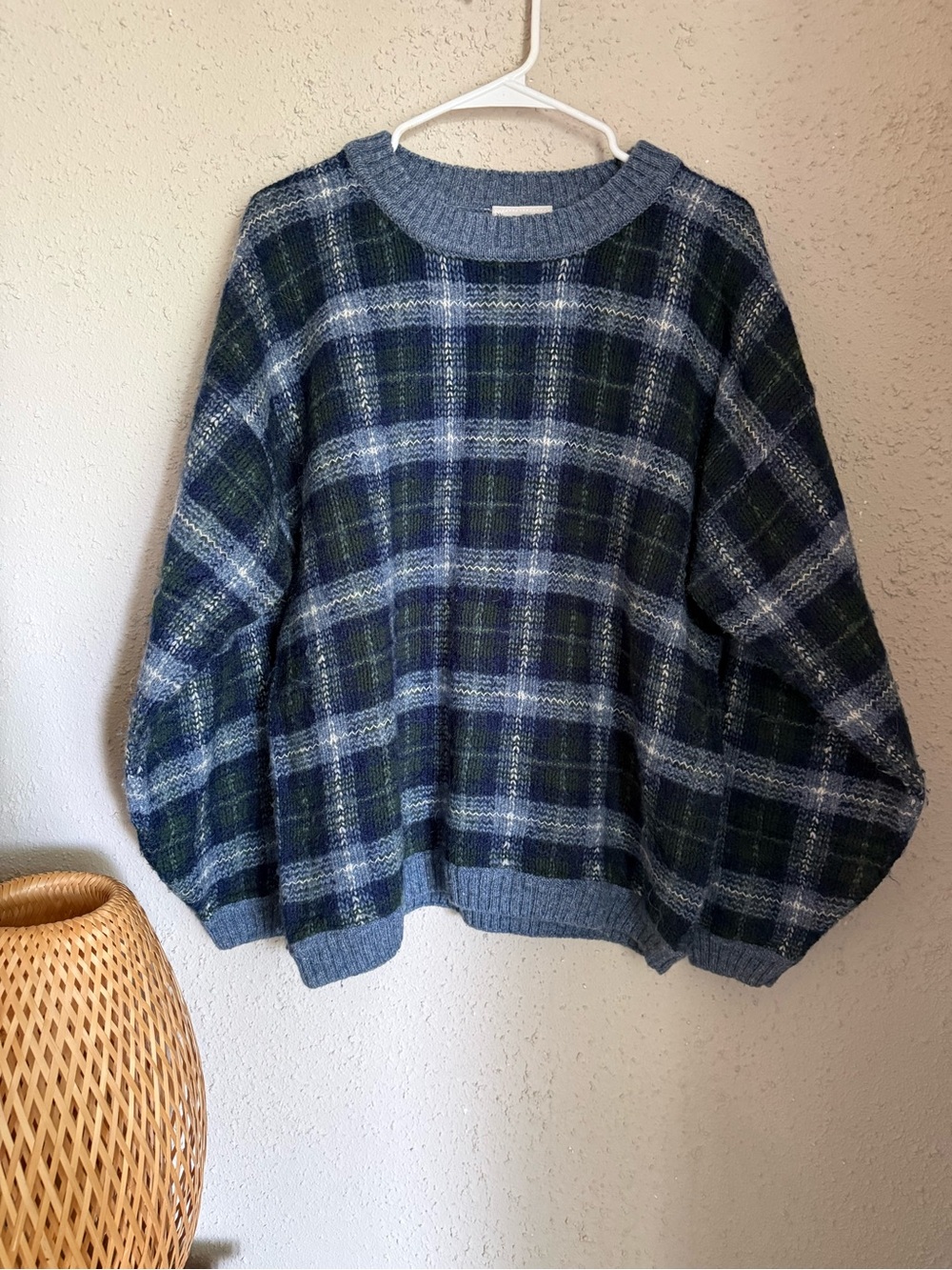 Plaid Wool Blend Sweater Blue Green Cottagecore Relaxed Fit